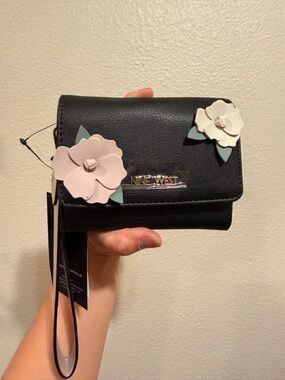 Nine West Black Wristlet with Pink and Cream Floral Appliqués